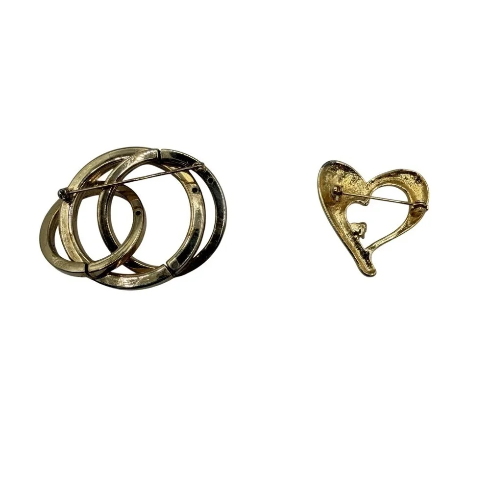 Gold Tone Brooch Set Triple Circle Interlocking & Heart Rhinestone Pins 2pc